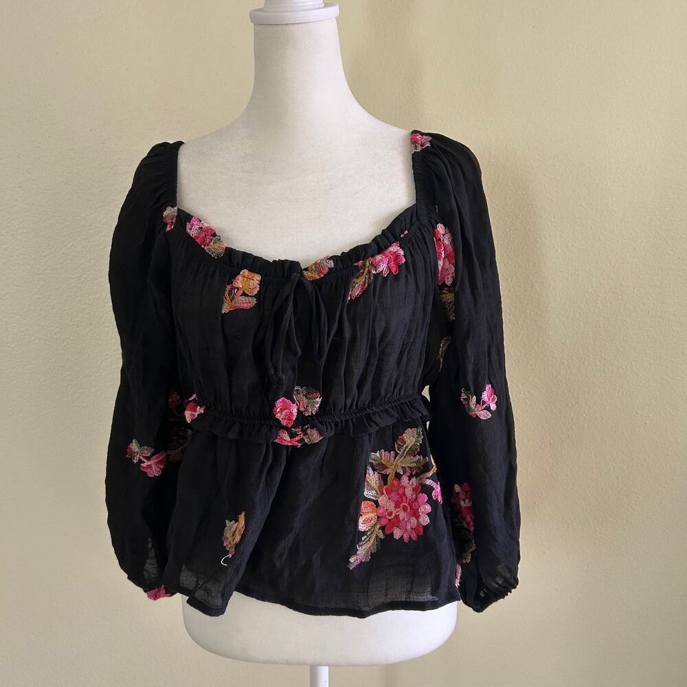 Wild Moss Crop Top L Black Floral Embroidered Boho Babydoll Peasant Festival Y2k - Picture 2 of 8